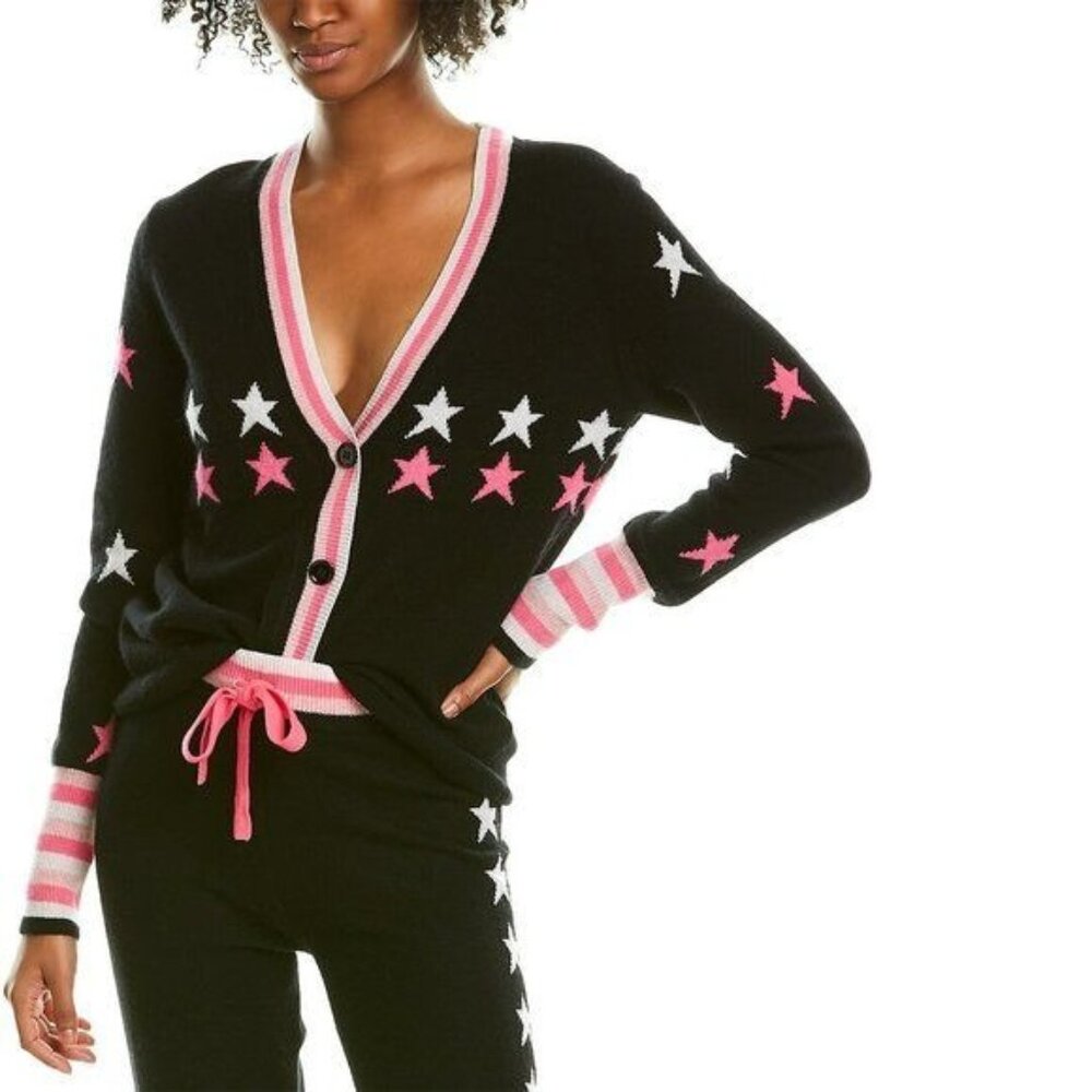 Scott & Scott London Womens Black Pink White Pure Cashmere Star Print Cardigan L
